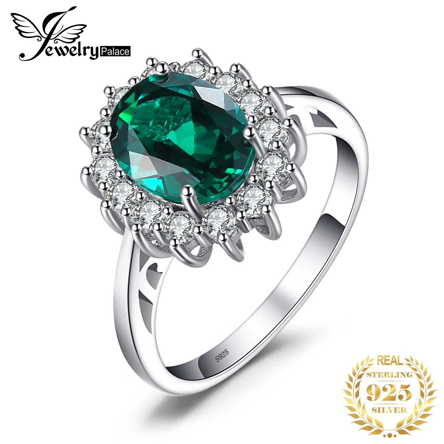 JewelryPalace Princess Diana Simulated Green Emerald Created Red Ruby Halo Engagement Ring 925 Sterling Silver Ring for Women